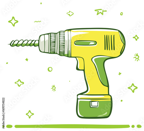 Illustration of a yellow cordless drill with green elements and outline, hand drawn style