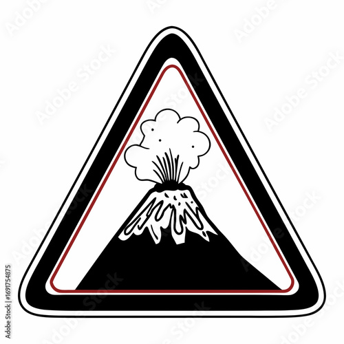 Warning sign of a volcano erupting with smoke and lava Keywords: volcano, eruption, warning, sign