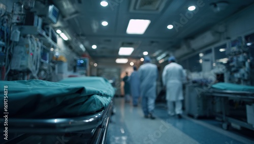 Blurred hospital hallway with medical staff