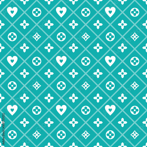 Seamless geometric monogram pattern with hearts and abstract floral symbols, luxury ornamental diamond lattice design, elegant repeating background in turquesa blue.