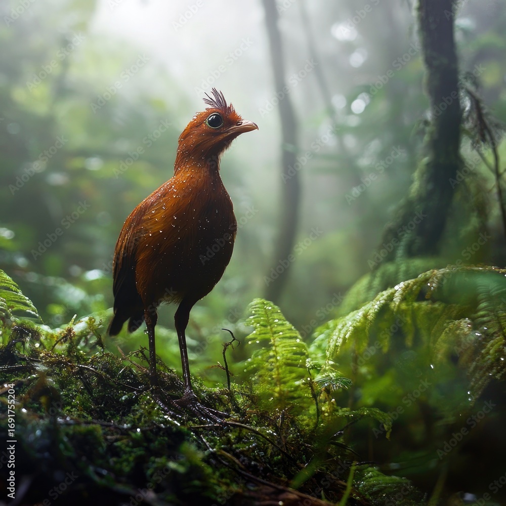Fototapeta premium Rusty-red bird in a misty rainforest