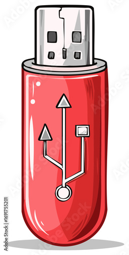 Cartoon style red USB flash drive, technology and data transfer symbol icon, vector illustration