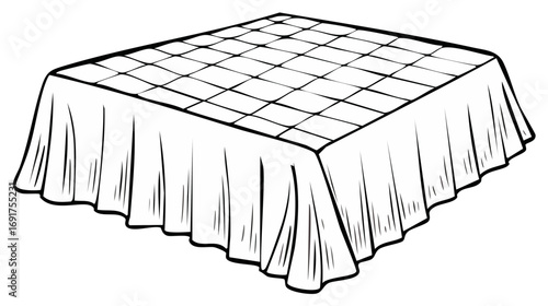 Outlined tablecloth with a square pattern draped over a table with draped edges in a simple illustration
