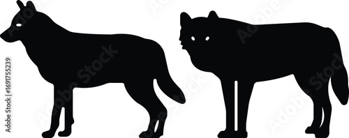 Art & IllustrationWolf icon set.Wolf silhouette icon set. Howling predator sign. Wild canine animal symbol. Vector illustration.A sleek of wolf standing, captured against a clean.Wolf standing, in bla