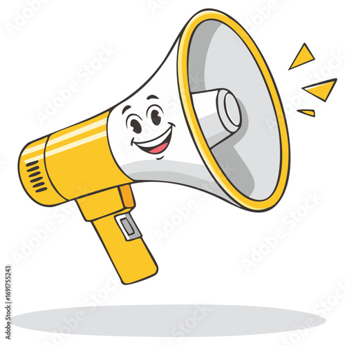 Smiling cartoon megaphone in yellow and white, announcing with sound waves