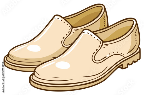 Classic pair of shiny beige leather slip on loafers cartoon style illustration