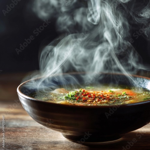 Hot Soup Bowl with Fresh Herbs and Spices Steaming Against Dark Background