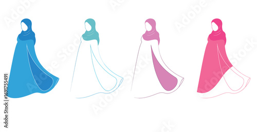 Four vibrant islamic hijab styles in blue teal pink and red for modest fashion collection