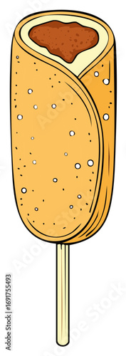 Sweet rolled pancake on a stick with chocolate filling, cartoon vector illustration