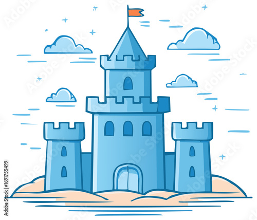 Whimsical Blue Castle on a Sandy Beach with Cloudscape and an Orange Flag Waving Gently