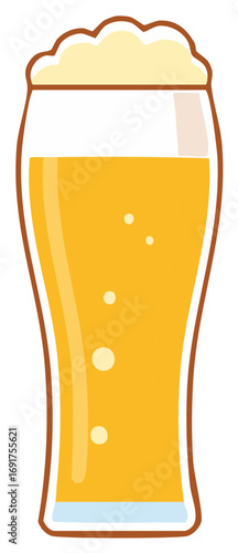 A tall glass of golden beer with a frothy head and bubbles cartoon icon