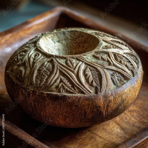 Intricate Carved Wooden Bowl with Nature Motif on Wooden Surface