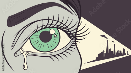 Crying eye reflecting industrial pollution and cityscape