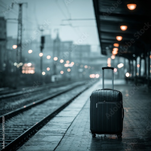 Lonely Suitcase on Train Platform in Dim Evening Light