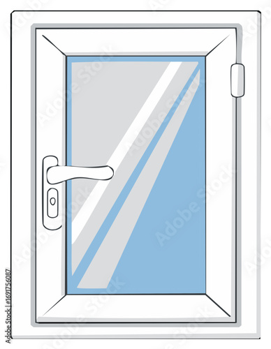 Illustration of a white casement window with a blue pane and silver handle