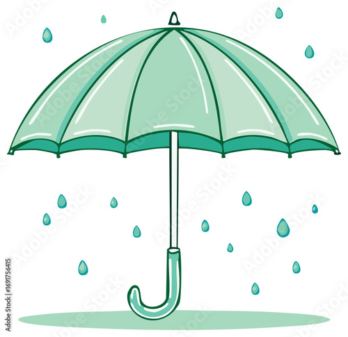 Simple hand drawn illustration of an open green umbrella in the rain