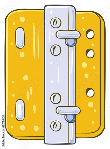 Cartoon door hinge: gold plates, silver centerpiece, detailed illustration style for architectural design