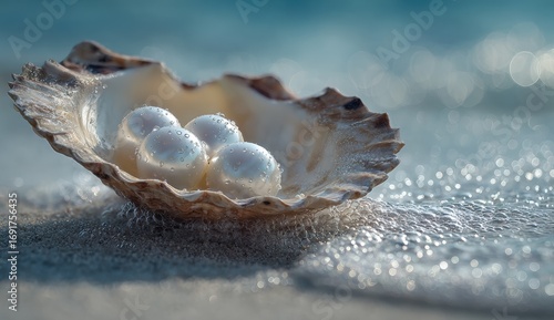 Pearls nestled in a seashell on a sandy beach