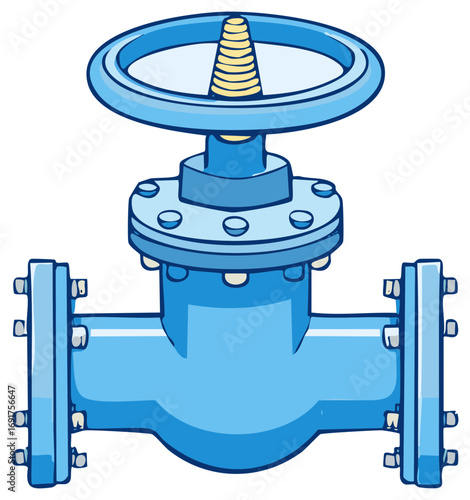 Cartoonish Blue Pipe Valve with Metal Flanges and Wheel Control for Industrial Utility