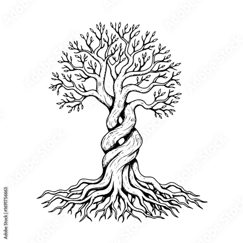 Detailed black and white line art of a stylized tree with a twisted, intertwined trunk, extensive roots, and sparse leaves, evoking themes of the Tree of Life.