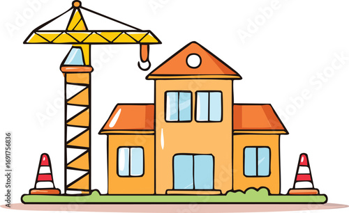 A cartoon illustration of a house under construction, featuring a crane and traffic cones.