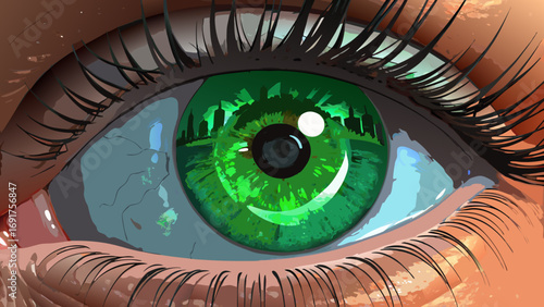 Green eye reflecting a city skyline at sunset