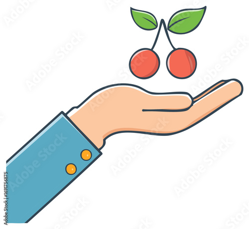 Stylized hand presenting a pair of fresh red cherries with green leaves