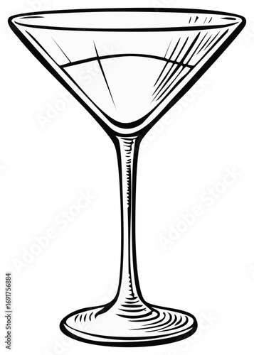 Black and white line art illustration of a classic martini cocktail glass