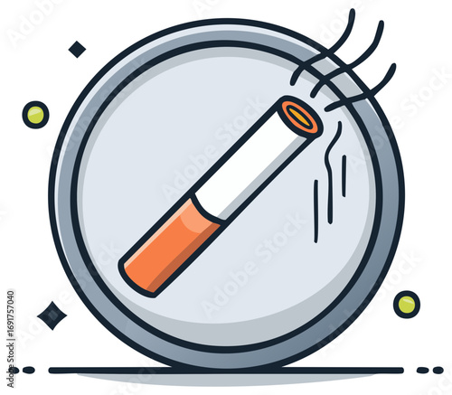 Burning cigarette with smoke rising in a round ashtray, digital illustration