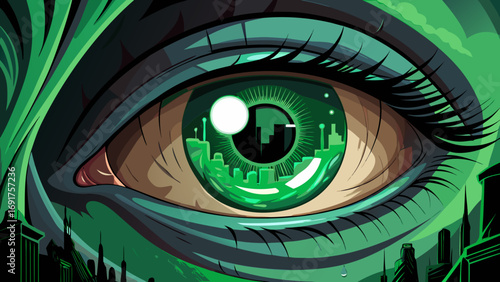 Futuristic cyberpunk eye reflecting a neon cityscape