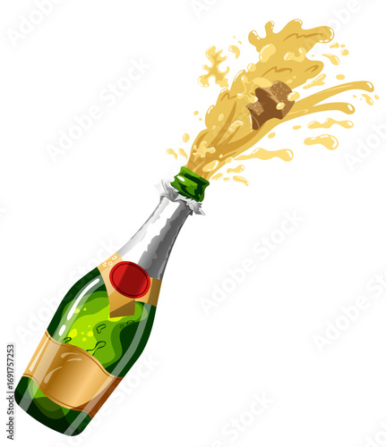 Vibrant Cartoon Illustration of a Champagne Bottle Popping, with the Cork Flying and Splashing Bubbly Liquid, Ideal for Celebratory Events, Parties, and Congratulations