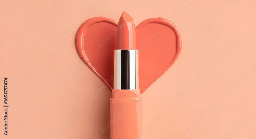 Obraz premium Lipstick with a heart shape swatch on a peach background