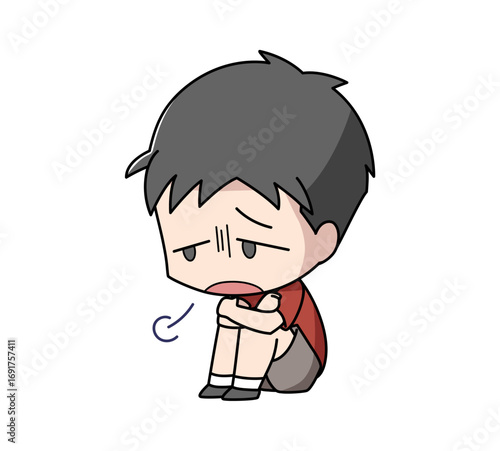 体育座りでため息をつく男子のイラスト