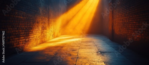 Dark alley with bright light beam and smoky atmosphere.