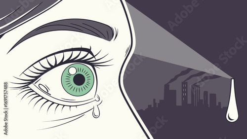 Crying eye reflecting industrial pollution