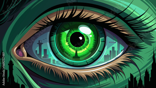 Vibrant green eye reflecting a futuristic cityscape