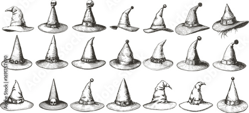 Vector collection of a witch, wizard, Sorcerer's, necromancer's scull hats, hats decorated with gemestones isolated on white background. Vintage style.