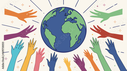Diverse hands reaching towards a vibrant planet earth