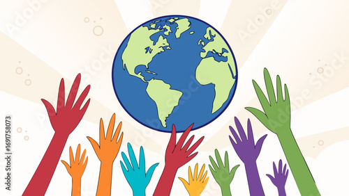 Diverse hands reach for the planet earth illustration