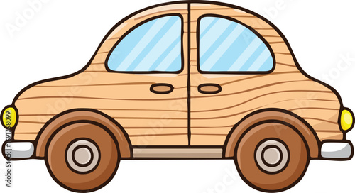 Illustration of a wooden toy car with visible wood grain, round wheels, and blue windows.