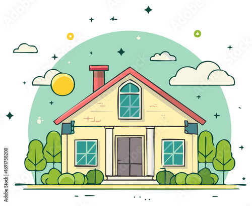 Cartoon house illustration with trees and sun. Cute suburban family home with a red roof and garden.