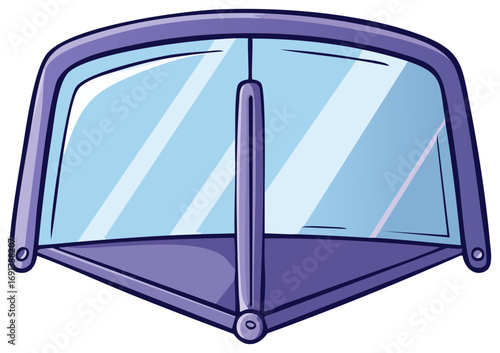 Cute graphic illustration of a vehicle windshield with vibrant purple frame and blue glass