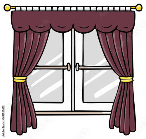 Illustration of window with burgundy curtains, valance and tiebacks adorn double doors for privacy in cartoon style