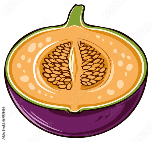 Cross section of a colorful exotic fruit with purple skin and vibrant orange flesh and seeds