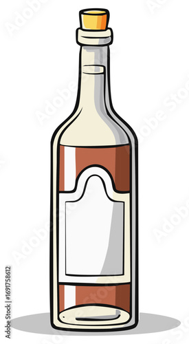 Cartoon bottle with cork stopper and blank label filled with amber liquid