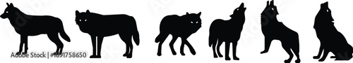 Art & IllustrationWolf icon set.Wolf silhouette icon set. Howling predator sign. Wild canine animal symbol. Vector illustration.A sleek of wolf standing, captured against a clean.Wolf standing, in bla