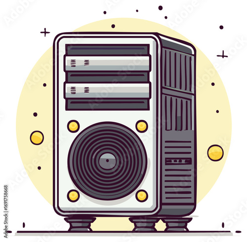 A cartoon illustration of a retro desktop computer tower PC case with fan grille and disc drives