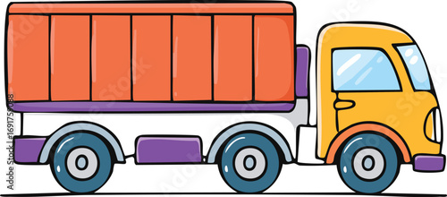 A cartoon illustration of a small, orange and yellow delivery truck, viewed from the side.