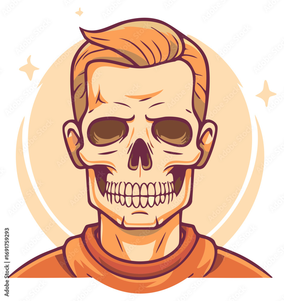 Fototapeta premium Stylized skull character illustration with hair and an orange outfit vector design