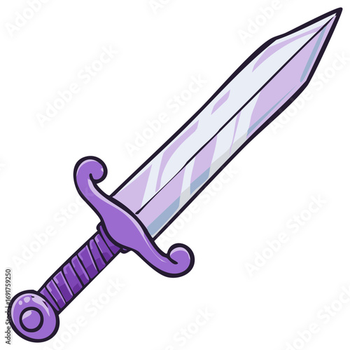 Cartoon illustration of a purple sword with an intricate hilt design on white